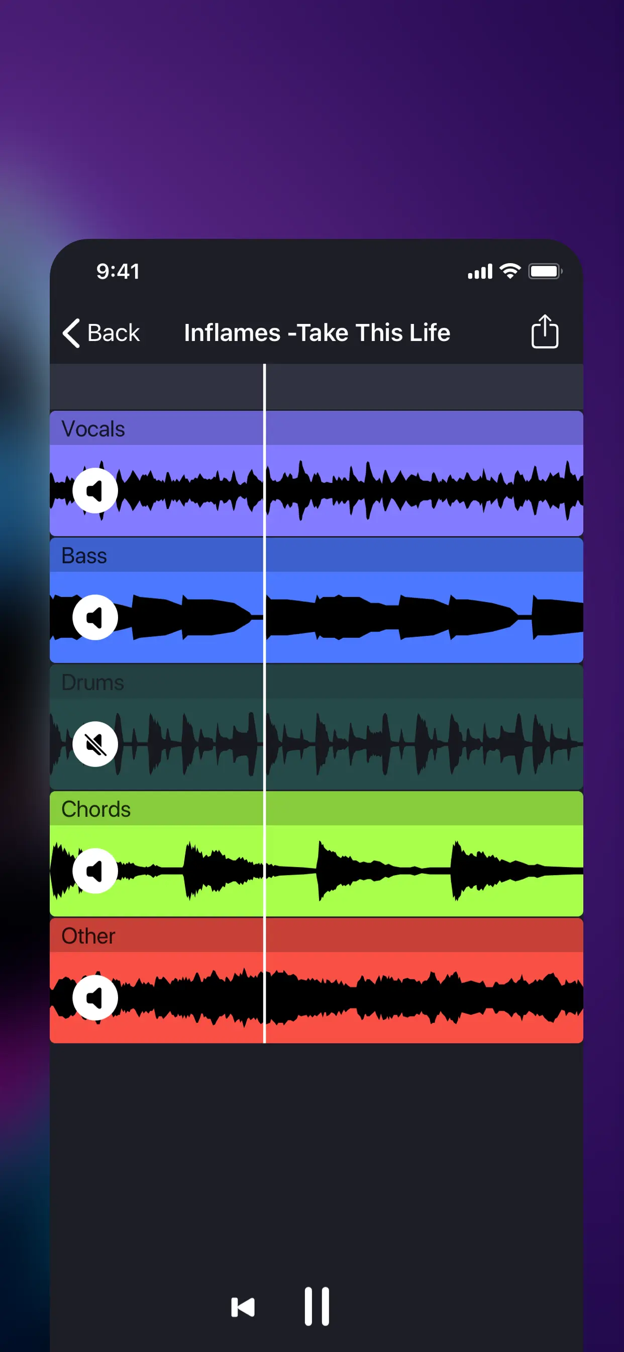 Unmix app showing vocal, bass, drums and acapella stems