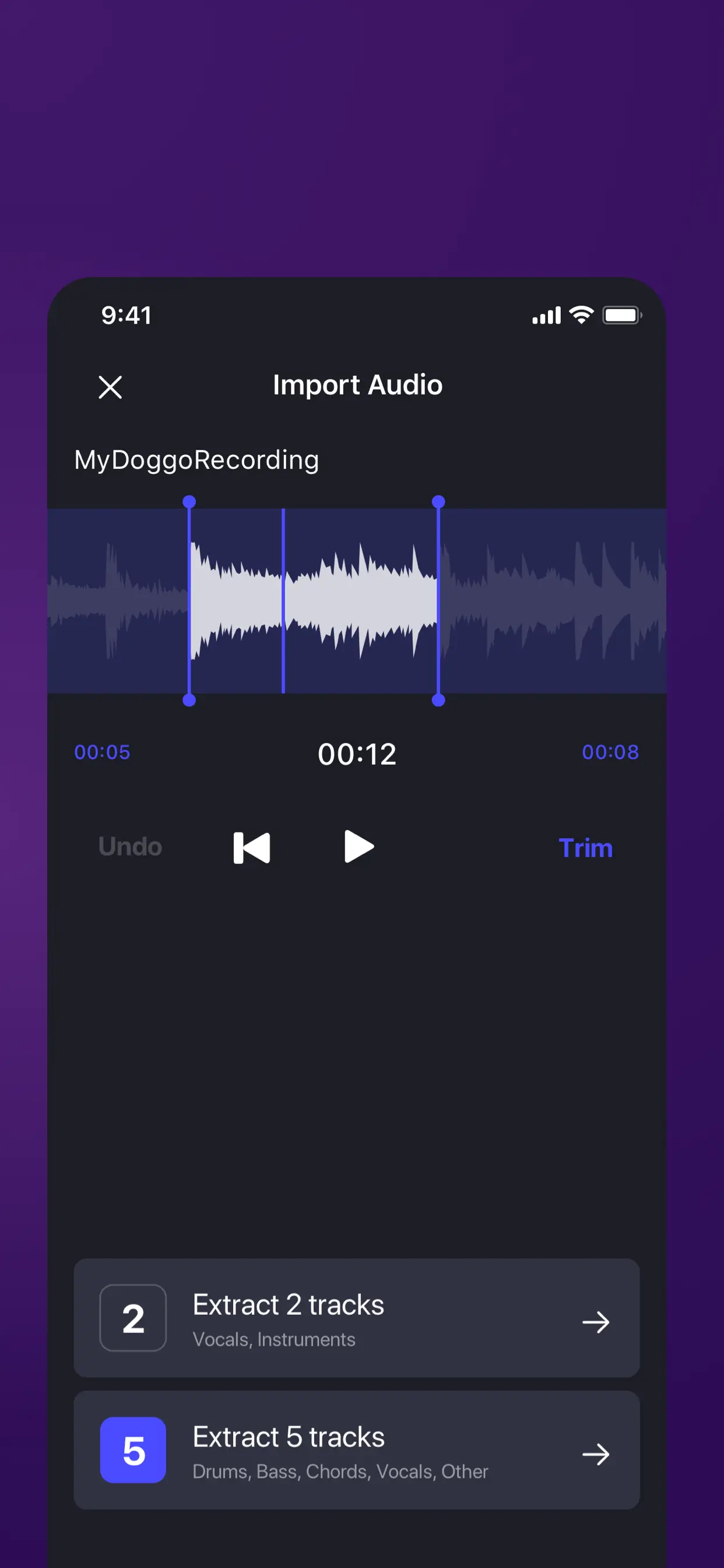 Unmix built-in audio editor with trim and download controls